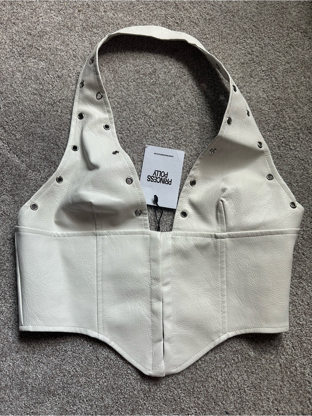 Princess Polly White Faux Leather Halter Corset Top with Stud Details